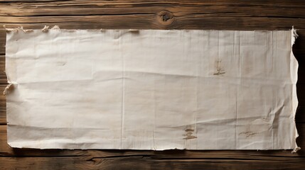 Frayed piece of paper on distressed wooden boards, top perspective, rustic texture, soft natural light, vintage feel