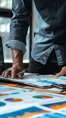 Obraz premium A business professional wearing casual clothes is reviewing financial charts and graphs while standing at a desk.
