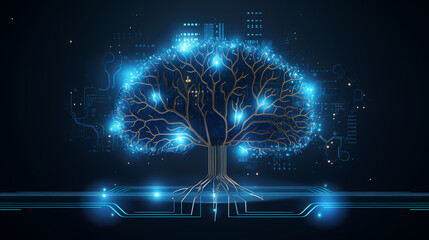 A digital brain made of circuits and glowing data streams