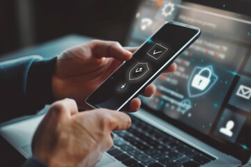 Obraz premium A man holds his smartphone with an icon of a security shield and a checkmark on the screen. Data network security and privacy concepts.