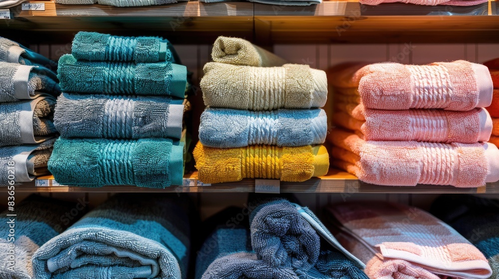 Poster multicolored terry towels are neatly stacked in a shop shelf