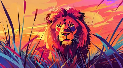A vector illustration of a Lion at the habitat, prowling through tall grass, sunset sky in the...
