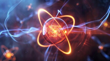 A close-up illustration of an atom, showing the nucleus and orbiting electrons.