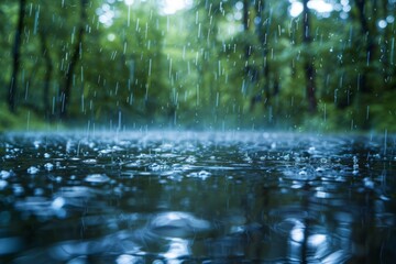 Obraz premium Rain falling down on a pond in the woods