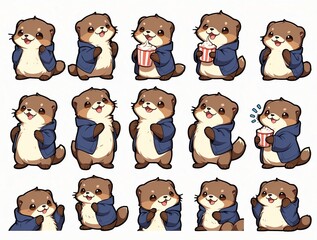 A series of cute cartoon otters are holding popcorn and wearing blue jackets
