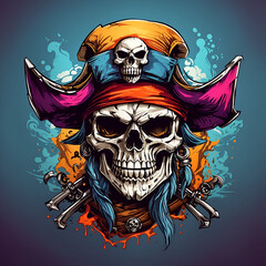 A menacing skull with pirate hat and colourful style for t-shirt design