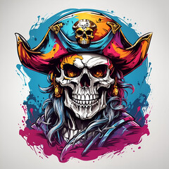 A menacing skull with pirate hat and colourful style for t-shirt design