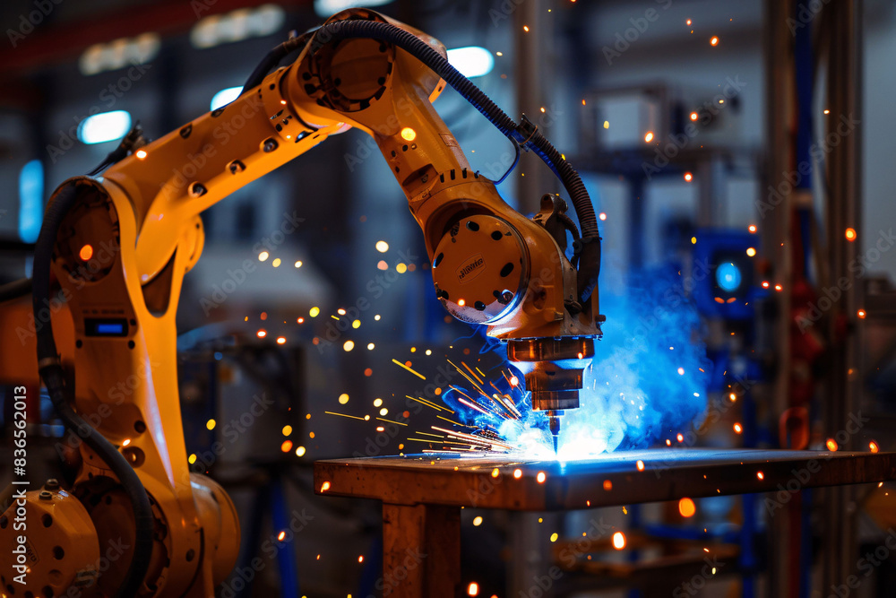 Poster industrial robot working on factory assembly line, 3d rendering of smart industrial robotic arm for 