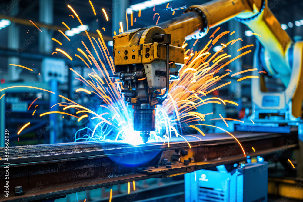 Aufkleber industrial robot working on factory assembly line, 3d rendering of smart industrial robotic arm for 