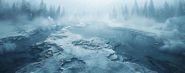 Depict an aerial scene of a snowstorm engulfing a vast