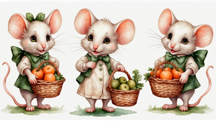 cute white cartoon mice gathering fruits, watercolor nursery decoration set