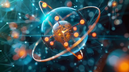 A close-up illustration of an atom, showing the nucleus and orbiting electrons.