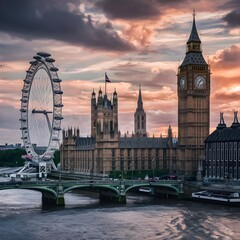Fototapeta premium A stunning high-definition photograph capturing the essence of the United Kingdom. The image features the iconic Big Ben clock tower, the London Eye, and the River