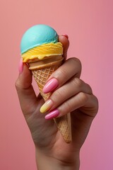Colorful Ice Cream Cone in Hand with Trendy Manicured Nails Against Pink Background