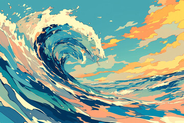 Illustrations of the national tide and waves during the Beginning of Summer solar term, illustrations of summer seaside surfing scenes