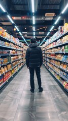 Obraz premium Man walking down a grocery aisle in a store