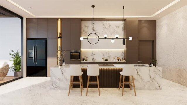 Animation Minimal kitchen with beige color and island table, 3d illustration render