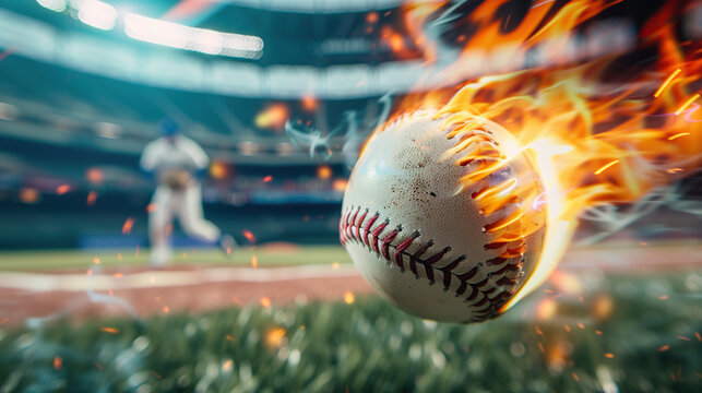 A close-up of a flying baseball trailing flames on a baseball field