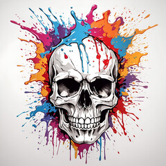 A skull with colorful splashes on white background for t-shirt design