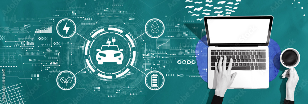Poster ev concept with person using a laptop computer