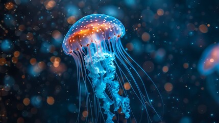 A bioluminescent jellyfish glowing in the dark depths of the ocean, illuminating its surroundings.