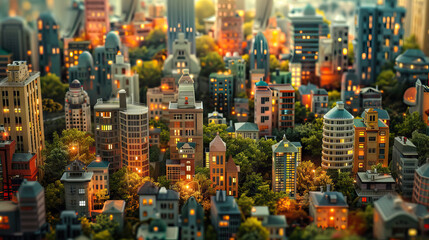 miniature of urban cityscape with light lamps and green garden tree.