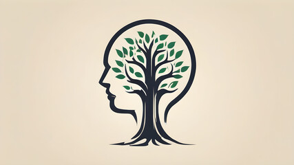 Obraz premium Abstract logo design, theme of psychology, prominent head shape, tree growing from head, symbolic brain Generative AI