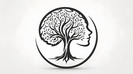 Abstract logo design, theme of psychology, prominent head shape, tree growing from head, symbolic brain  Generative AI