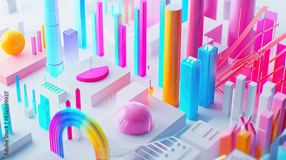 Poster a vibrant and colorful 3d render of graphs, charts, data points, icons and elements for business mar