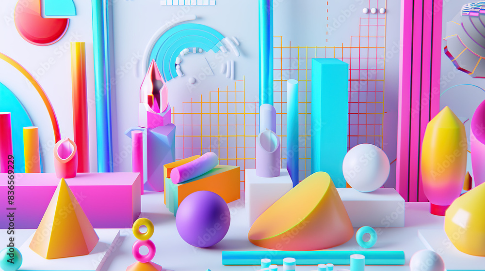 Poster a vibrant and colorful 3d render of graphs, charts, data points, icons and elements for business mar