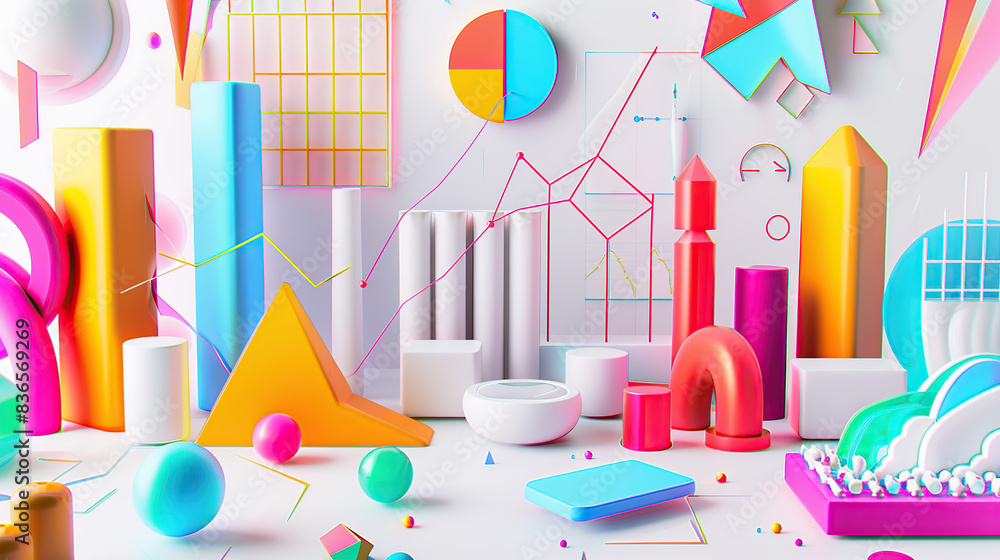 Poster a vibrant and colorful 3d render of graphs, charts, data points, icons and elements for business mar