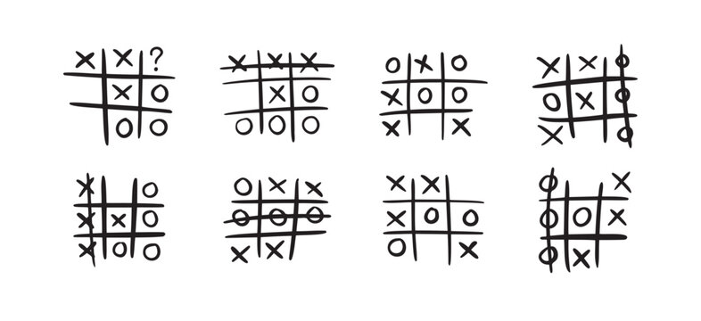 Hand drawn tic tac toe game, doodle X-O children game. Noughts and win. Play tictactoe draw.
