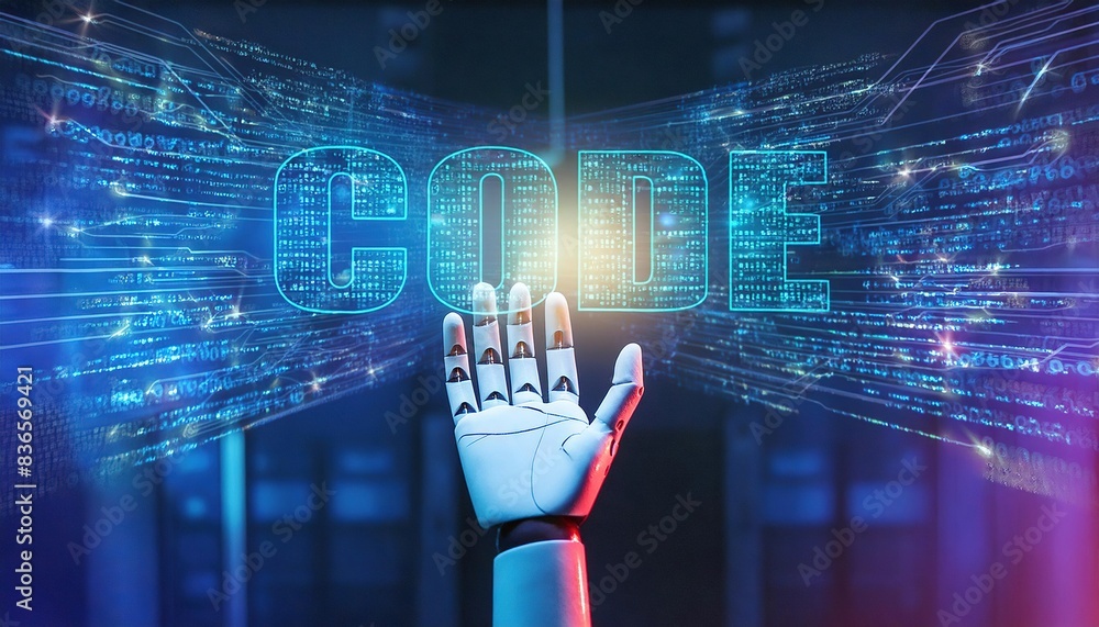 Poster robotic hand interacting with digital code