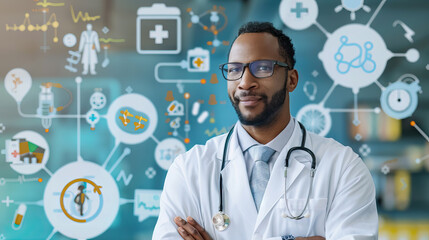 close up doctor and symbols of healthcare, emphasizing the importance of healthcare access for growing populations