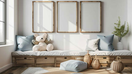 Frame mockup in a modern interior living room, poster mockup on a gallery wall, 3D renderings, and a plad over a comfortable armchair.モダンなインテリアのリビングルームでのフレームモックアップ、ギャラリーウォールのポスターモックアップ、Generative AI	