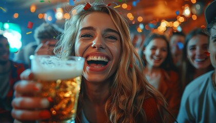 Young Woman Celebrating with Beer at Party.