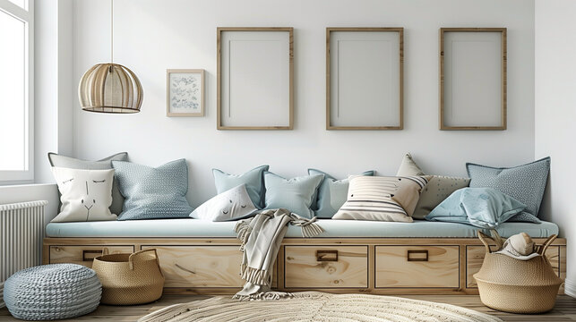 Frame mockup in a modern interior living room, poster mockup on a gallery wall, 3D renderings, and a plad over a comfortable armchair.モダンなインテリアのリビングルームでのフレームモックアップ、ギャラリーウォールのポスターモックアップ、Generative AI	