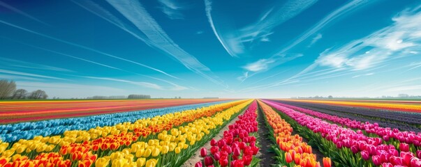 青空の下に広がるカラフルなチューリップ畑
