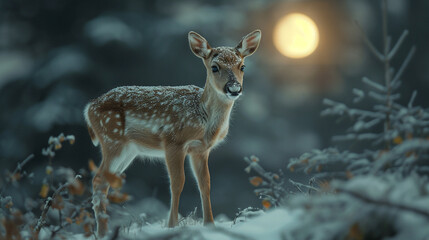 A reindeer calf taking its first steps in a winter wonderland, guided by the soft glow of the moon