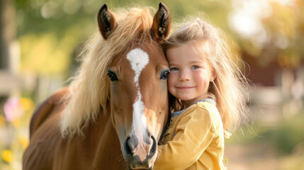 Young girl hugging a small brown horse