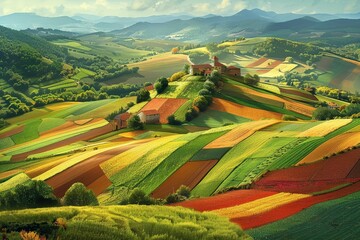 Obraz premium Colorful Farmland Landscape with Hills and Farmhouse 