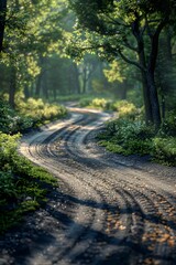 Obraz premium A forest track from a rear perspective Show intricate light play on the ground as the road curves through the dense trees