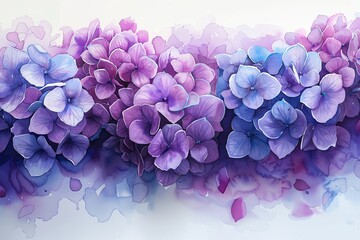 Fototapeta premium Beautiful watercolor painting of vibrant purple and blue hydrangea flowers in full bloom, showcasing their delicate petals in detailed artistry.