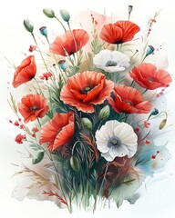 Beautiful watercolor painting of vibrant red and white poppies with delicate greenery. Ideal for decor, art, or nature themes.