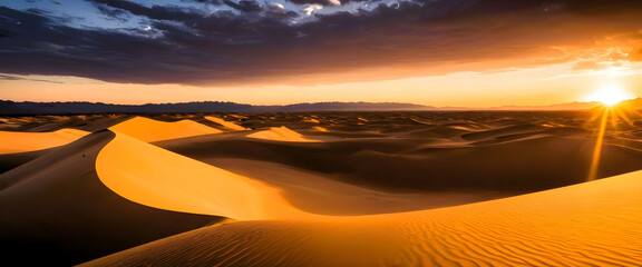 Golden Sands: Majestic Desert Dunes Under a Spectacular Sunset Sky