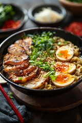 A steaming bowl of ramen topped with sliced pork, soft-boiled egg, green onions, and seaweed in a flavorful broth.
