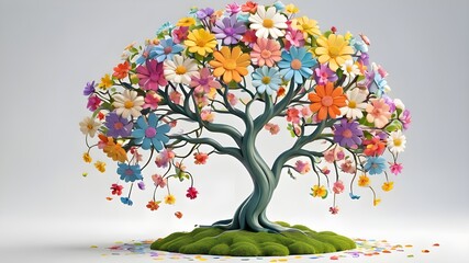 Human brain tree with flowers, self care and mental health concept, positive thinking, creative mind,