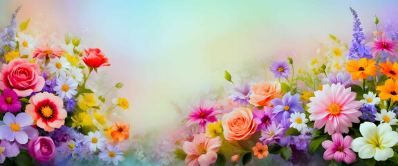 Blooming Bliss: A Kaleidoscope of Flowers in Full Bloom with a Dreamy Pastel Backdrop