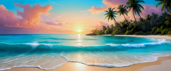 Tropical Paradise: A beach scene with palm trees, turquoise water, and a sunset.