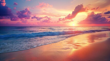 Fototapeta premium Gentle Waves and Glowing Skies, A Serene Beach Sunset.